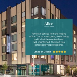 a review of Alice House with a building behind it