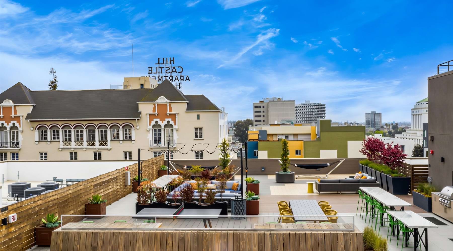 rooftop patio with seating and tables
