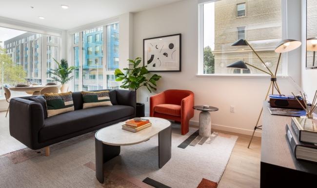 a living room with a couch and a coffee table